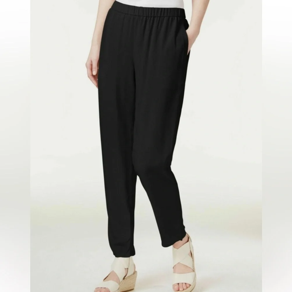 EILEEN FISHER Slouchy Black Silk Georgette Tapered Leg Pull On Pants Sz S